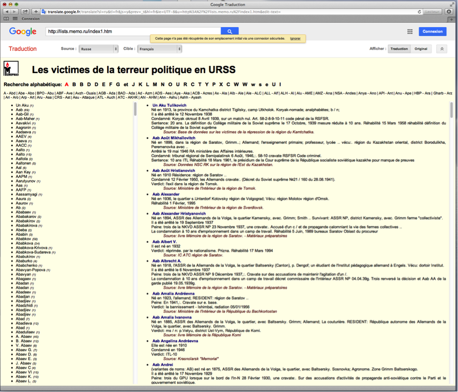 Site des victimes de la répression soviétique traduit par Google en français.